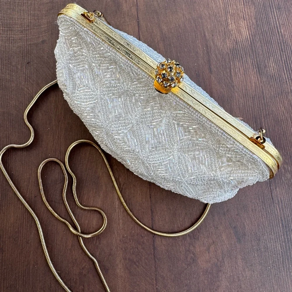 Vintage La Regale LTD Beaded Sequin Ivory Gold Clutch with Rhinestone Clasp